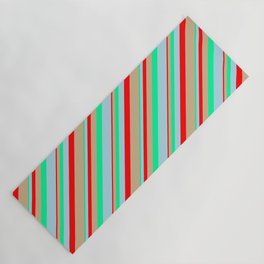 [ Thumbnail: Red, Tan, Green, and Light Blue Colored Lines Pattern Yoga Mat ]