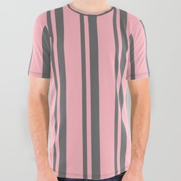 [ Thumbnail: Dim Gray & Light Pink Colored Stripes Pattern All Over Graphic Tee ]
