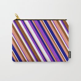 [ Thumbnail: Eye-catching Dark Orchid, White, Brown, Dark Salmon & Blue Colored Stripes Pattern Carry-All Pouch ]