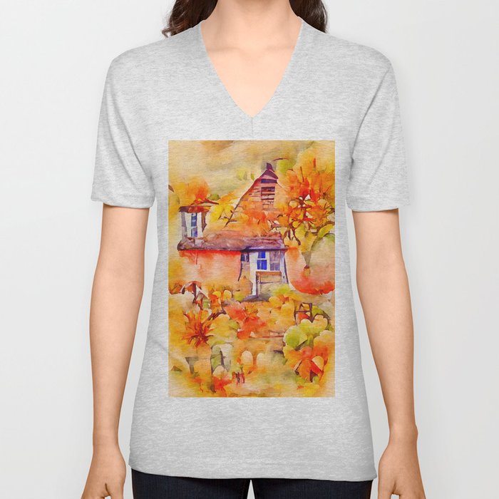 AUTUMN COTTAGE Whimsical Rustic Fall Season Pumpkin Country House Watercolor Painting V Neck T Shirt