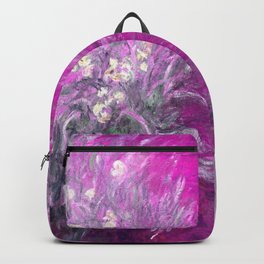 The Path through the Irises floral iris landscape painting by Claude Monet in alternate lavender pink Backpack