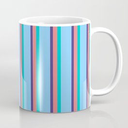 [ Thumbnail: Dark Turquoise, Light Coral, Dark Slate Blue, Light Sky Blue & White Colored Pattern of Stripes Coffee Mug ]