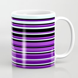 [ Thumbnail: Dark Orchid, Indigo, Light Cyan, and Black Colored Striped/Lined Pattern Coffee Mug ]