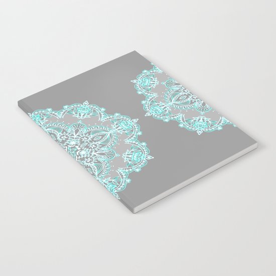 Teal and Aqua Lace Mandala on Grey Notebook