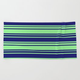 [ Thumbnail: Midnight Blue and Light Green Colored Striped/Lined Pattern Beach Towel ]