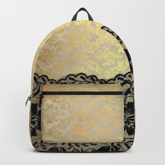Black floral luxury lace on gold damask pattern Backpack