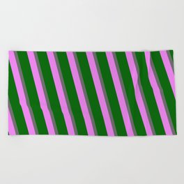 [ Thumbnail: Dim Grey, Violet, and Dark Green Colored Lines Pattern Beach Towel ]