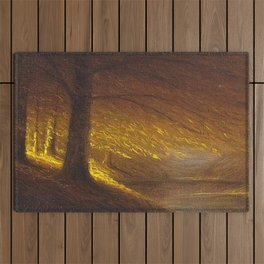 Sunburst through the Autumn Trees by the River landscape by H. Joiner Outdoor Rug