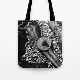 A Girl at the Beach with just her hat black and white photography Tote Bag