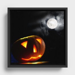 Halloween Pumpkin Ghost in Moonlight at Night Framed Canvas