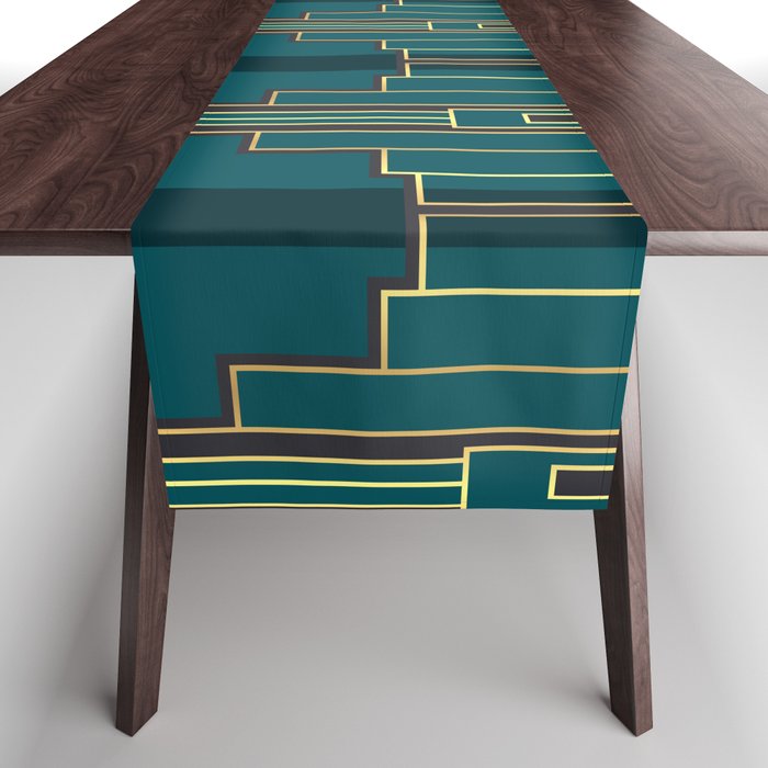 Art Nouveau Geometry Abstract Teal Peacock Green, Black, Gold, Bronze, Art Deco, Elegant, Vintage Table Runner