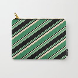 [ Thumbnail: Bisque, Sea Green, Dark Sea Green, and Black Colored Lined Pattern Carry-All Pouch ]