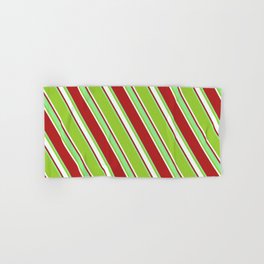 [ Thumbnail: Red, Light Green, Green & Mint Cream Colored Lines Pattern Hand & Bath Towel ]