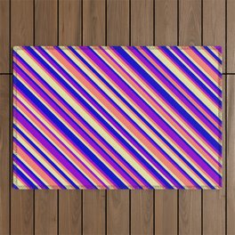 [ Thumbnail: Blue, Dark Violet, Salmon & Pale Goldenrod Colored Lined Pattern Outdoor Rug ]
