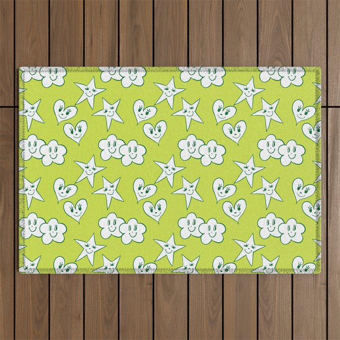 Cute Little Faces (Green Version) Outdoor Rug