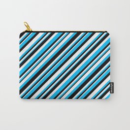 [ Thumbnail: Deep Sky Blue, Black, and White Colored Lined Pattern Carry-All Pouch ]