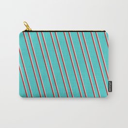 [ Thumbnail: Turquoise, Light Grey & Red Colored Lines/Stripes Pattern Carry-All Pouch ]