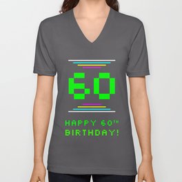 [ Thumbnail: 60th Birthday - Nerdy Geeky Pixelated 8-Bit Computing Graphics Inspired Look V Neck T Shirt V-Neck T-Shirt ]