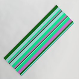 [ Thumbnail: Turquoise, Green, Orchid & Dark Green Colored Striped/Lined Pattern Yoga Mat ]