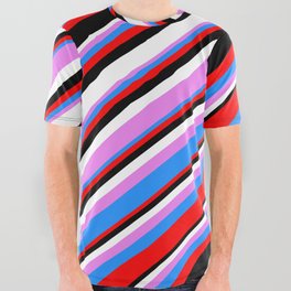 [ Thumbnail: Eyecatching Violet, Blue, Red, Black & White Colored Lines Pattern All Over Graphic Tee ]