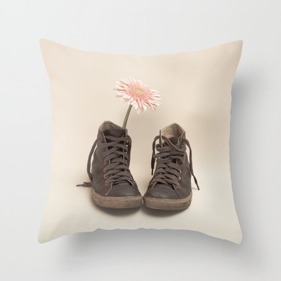 Brown Converse Boots and Pink Flower (Retro Still Life Photography) Throw Pillow