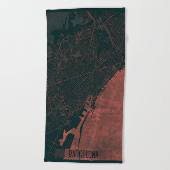 Barcelona Map Red Beach Towel