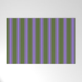 [ Thumbnail: Dark Olive Green and Purple Colored Lines Pattern Welcome Mat ]