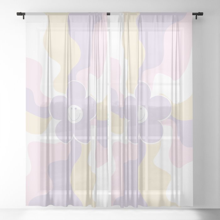 Happy Retro Daisy - Pastel Pink, Yellow and Purple Sheer Curtain