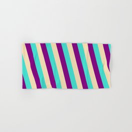 [ Thumbnail: Turquoise, Purple & Tan Colored Stripes/Lines Pattern Hand & Bath Towel ]