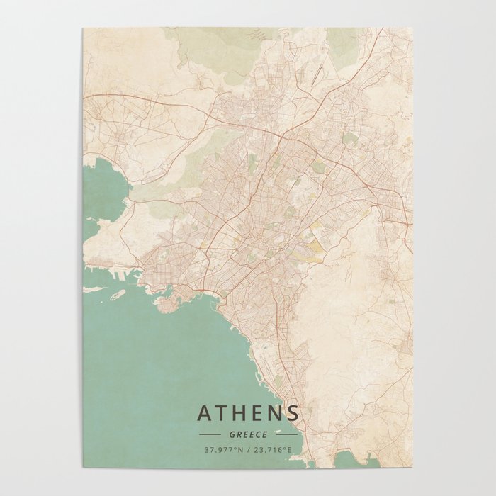 Athens, Greece - Vintage Map Poster