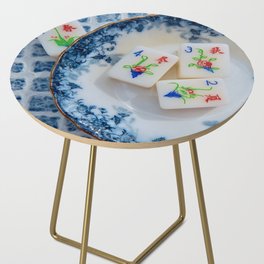 Blue Mah Jongg Still Life #2: "chunky" flowers, porcelain, grid Side Table
