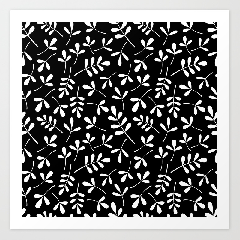 White On Black Assorted Leaf Silhouette Pattern Art Print By Nataliepaskell Society6