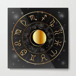 Zodiac astrology wheel Golden astrological signs with moon and stars Metal Print