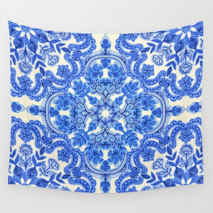 Cobalt Blue Amp China White Folk Art Pattern Wall Tapestry