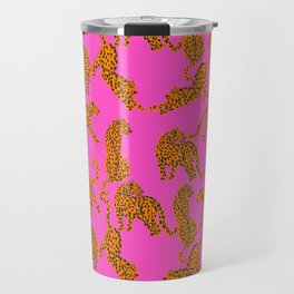 Abstract leopard with red lips illustration in fuchsia background  Travel Mug