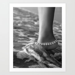 Dip your toes ... female foot in ocean waves with silver anklet beach black and white portrait photograph - photography - photographs Art Print
