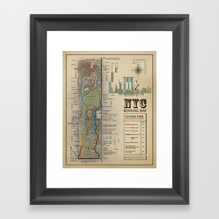 NYC Central Park Running Route Map Framed Art Print