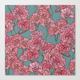 Pattern with pink damask roses on turquoise background Canvas Print