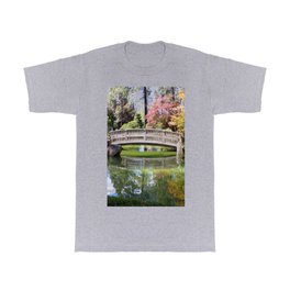 Small Wood Bridge Over Pond In Japanese Garden T Shirt | Water, Pond, Digital, Bridgeandtrees, Bridge, Japanesegarden, Photo, Beautifullandscape, Relections, Colorfultrees 