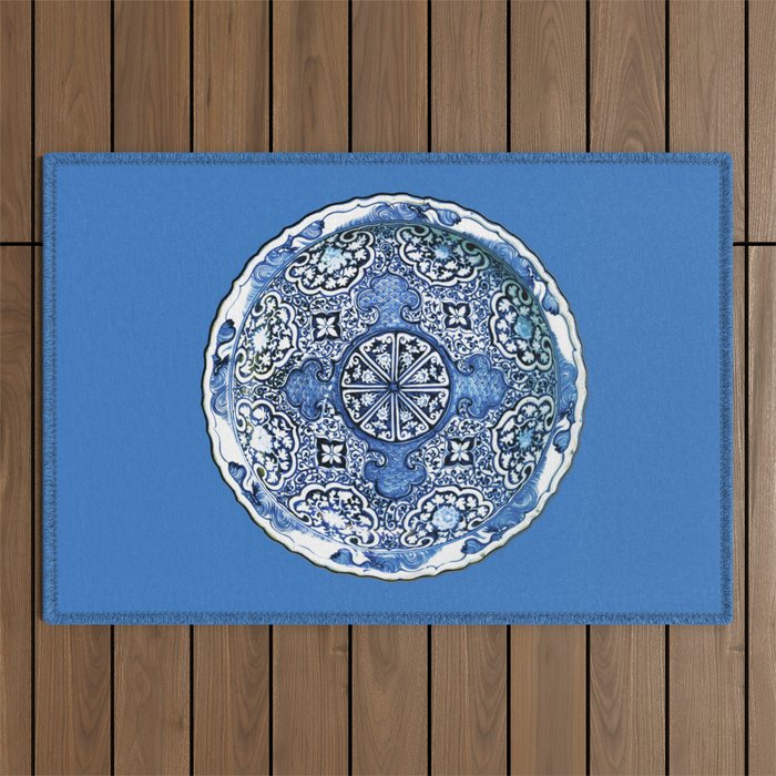 Antique Chinese Porcelain Plate, Cobalt Blue and White Outdoor Rug