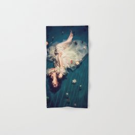Dreamland and flowers in lily pond; female in white gown floating magical realism fantasy female portrait color photograph / photography Hand & Bath Towel