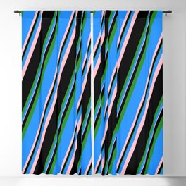 [ Thumbnail: Blue, Pink, Black, and Forest Green Colored Striped Pattern Blackout Curtain ]