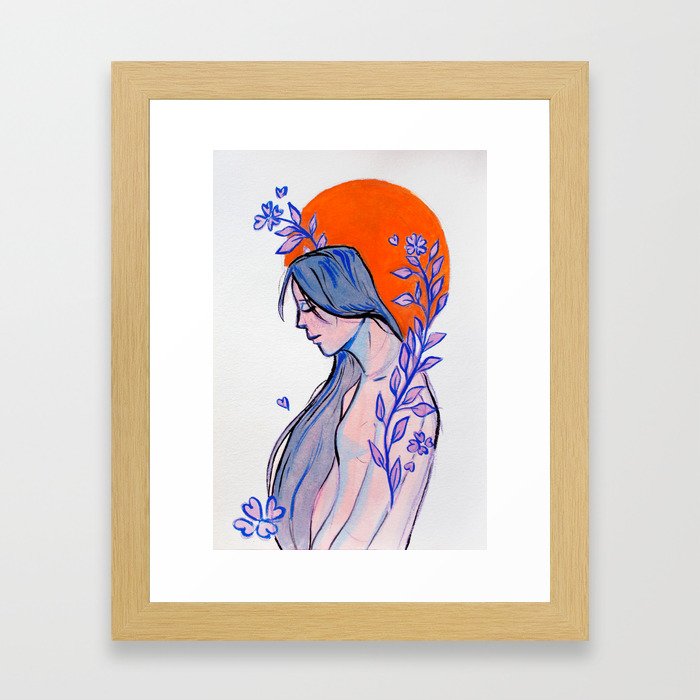 Girl in Blue and Purple Flowers | Gouache Painting Framed Art Print