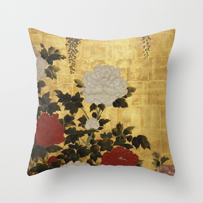 Vintage Japanese Floral Gold Leaf Screen With Wisteria and Peonies Throw Pillow
