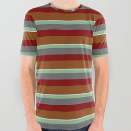 [ Thumbnail: Colorful Light Gray, Dark Sea Green, Dim Gray, Maroon & Brown Colored Lines Pattern All Over Graphic Tee ]