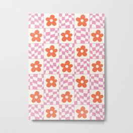 Orange Flower Pink & White Warped Double Checker Metal Print | Summerpattern, Indie, Flowerpattern, Check, 60S, Orange, Checkered, Pink, Florals, Retro 