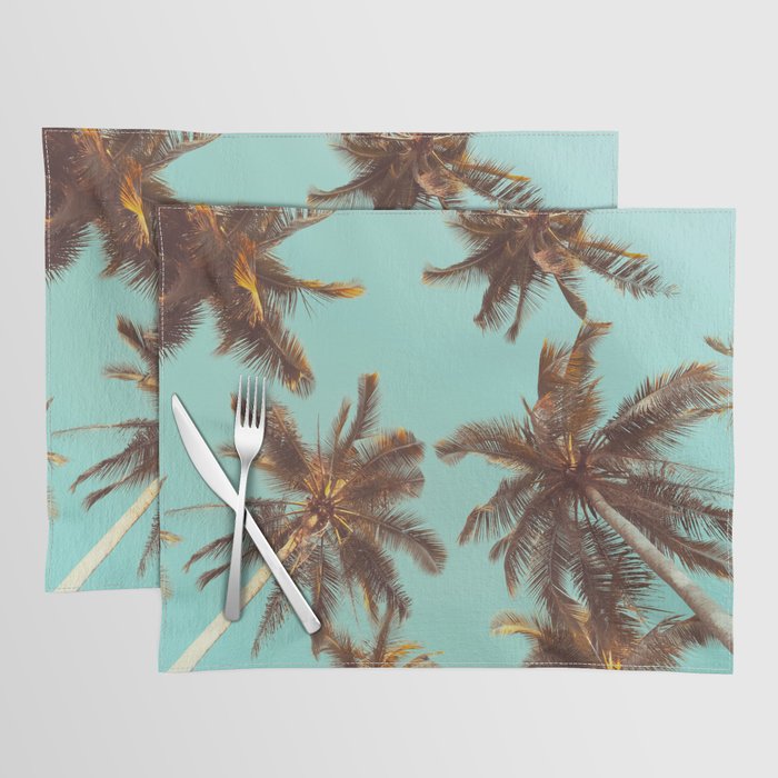 Tropical palm tree with blue sky and cloud abstract background. Summer vacation and nature travel adventure concept. Pastel tone filter effect color style.  Placemat