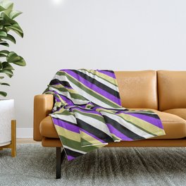 [ Thumbnail: Vibrant Purple, Tan, Dark Olive Green, White & Black Colored Lined/Striped Pattern Throw Blanket ]