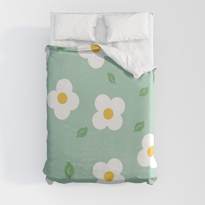 Daisy Pattern and Leaves on Green Background Duvet Cover