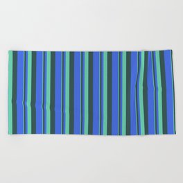 [ Thumbnail: Aquamarine, Dark Slate Gray, and Royal Blue Colored Lines/Stripes Pattern Beach Towel ]